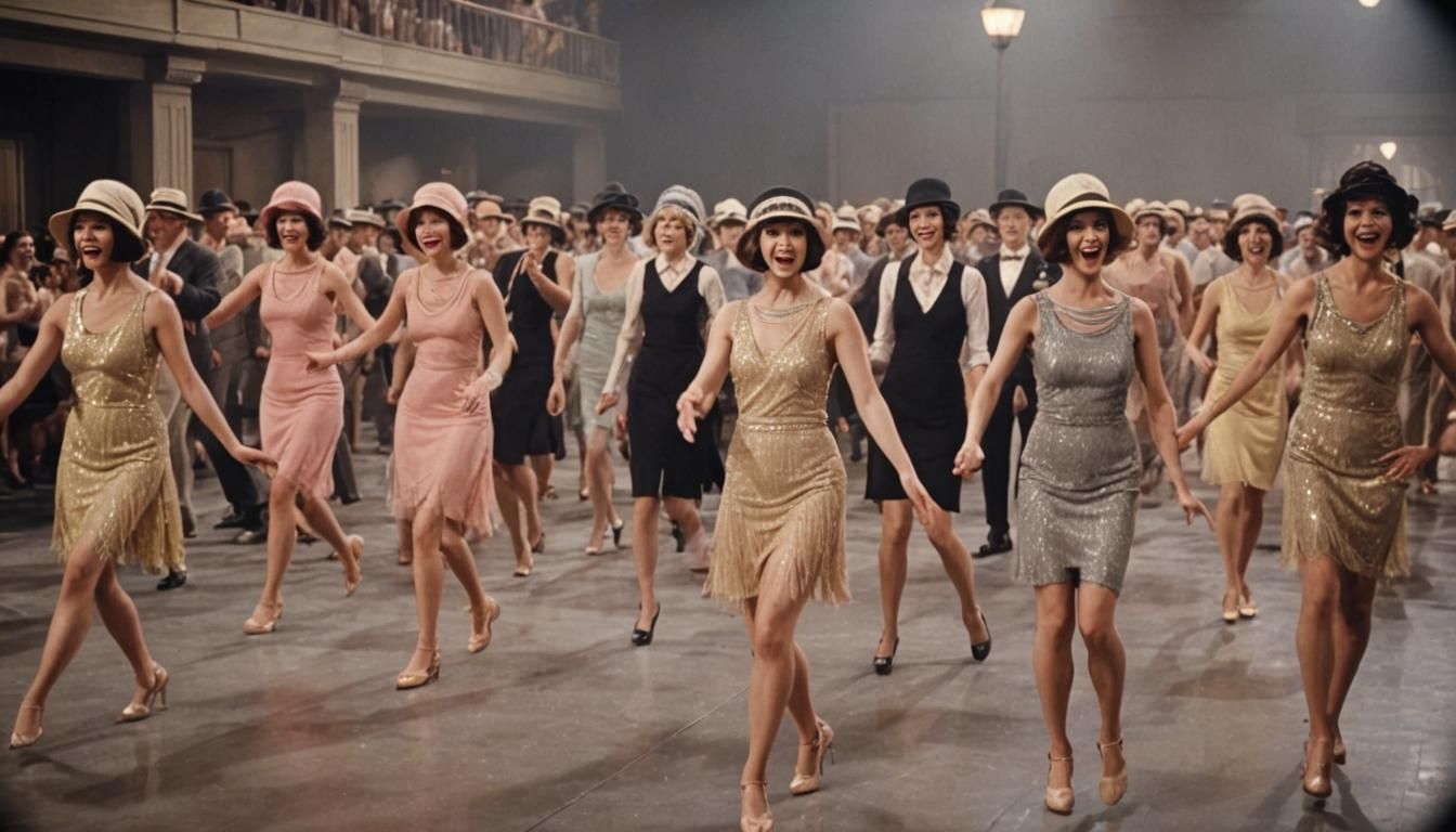 Chorus line of a production of Thoroughly Modern Millie, all in twenties fashions dancing the Charleston
