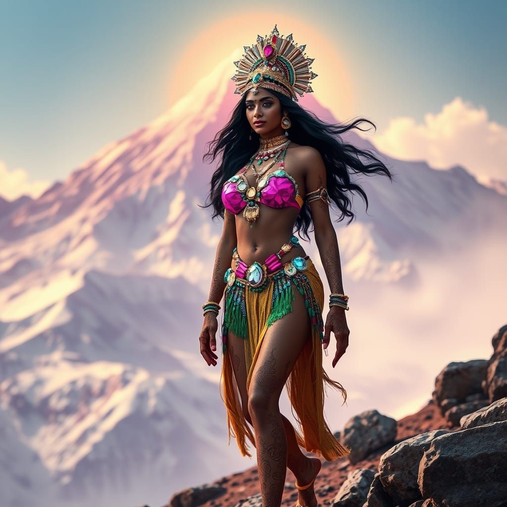 Indian Woman on Mount Meru in Futuristic Style