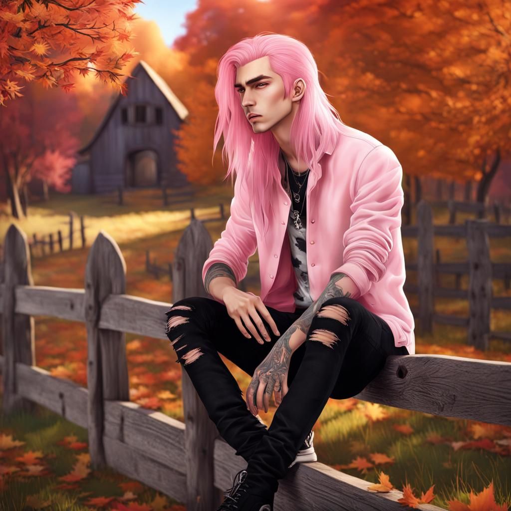 Pastel Goth Male on Fence in Autumn Yard
