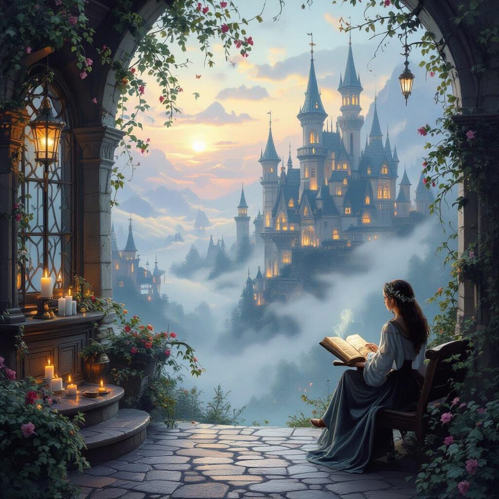 Mystical Room with Magic Items and Young Witch