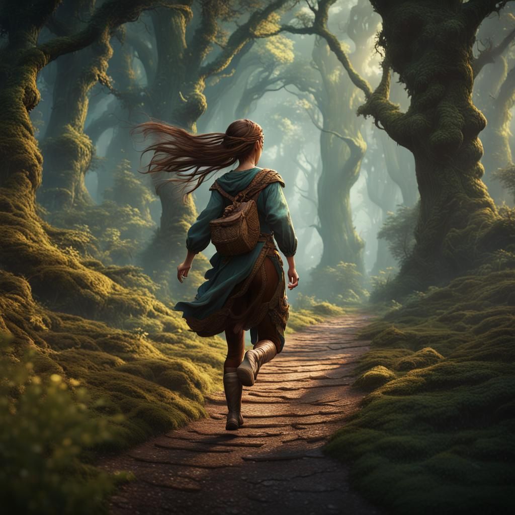 Girl Running Through Forest: Matte Painting