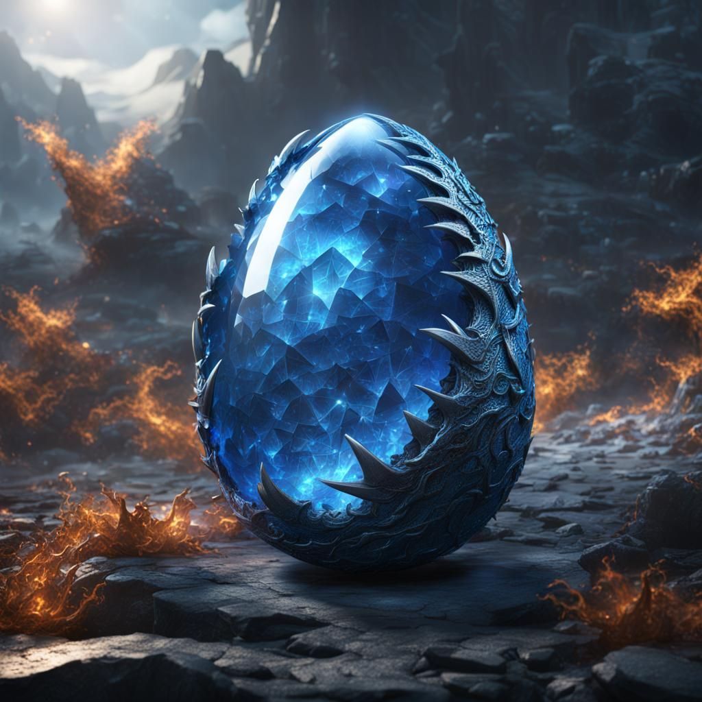 Blue Crystal Dragon Egg Hatching: Fantasy Art