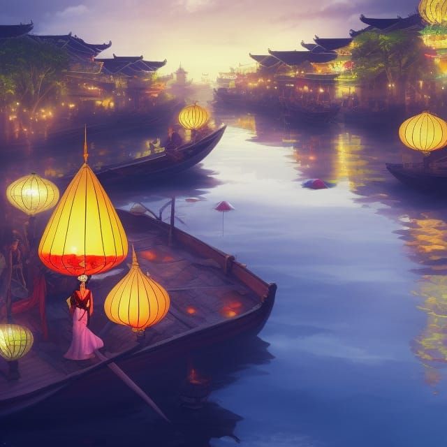 Hoi An Lanterns Light River Scene as Matte Painting