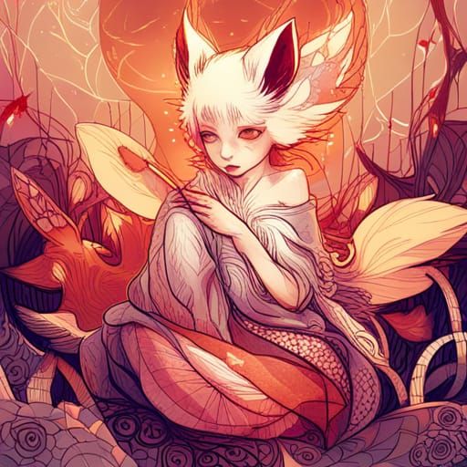 Elegant Kitsune Digital Painting with Shiny Aura