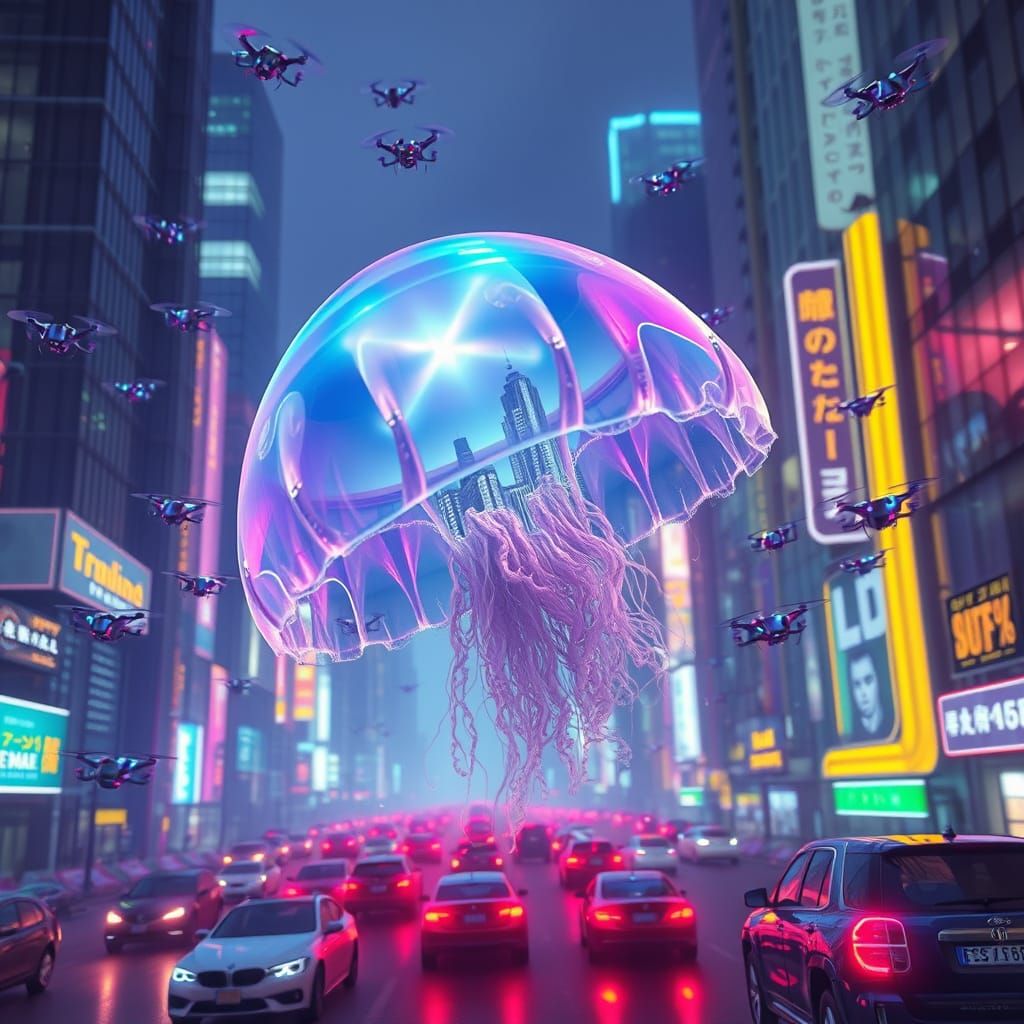 Iridescent Jellyfish Floats Through Cyberpunk Metropolis