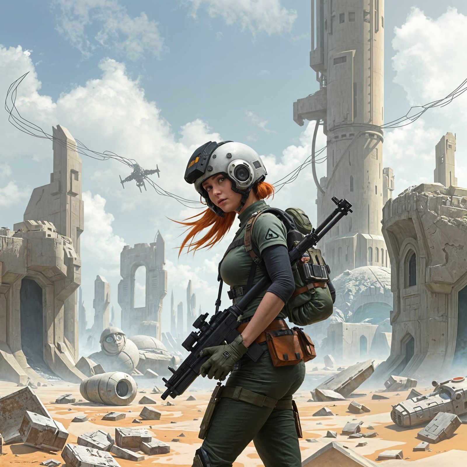 Sci-Fi Soldier in Alien City Ruins Concept Art