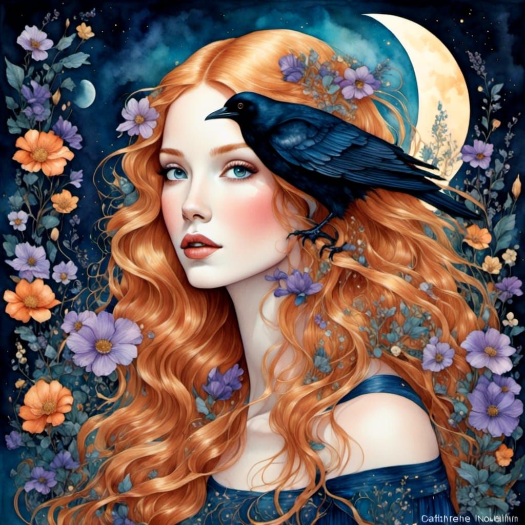 Mystical Woman with Crow in Watercolor Style