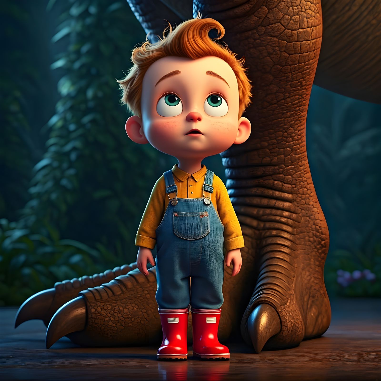 Toddler and Dinosaur Leg in Animated 3D Style