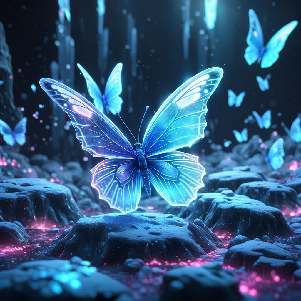 Neon Ice Crystal Butterflies: Digital Matte Painting