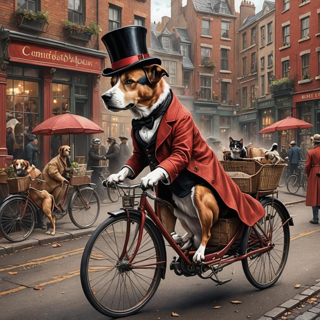 Dog on Bicycle in Top Hat: Pencil Drawing