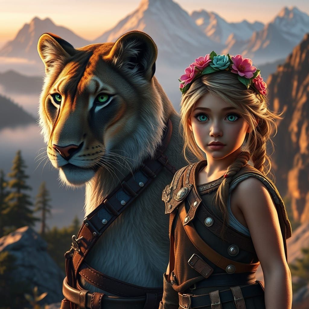 Mountain Girl Stands Beside Majestic Lion in Fantasy Landsca...