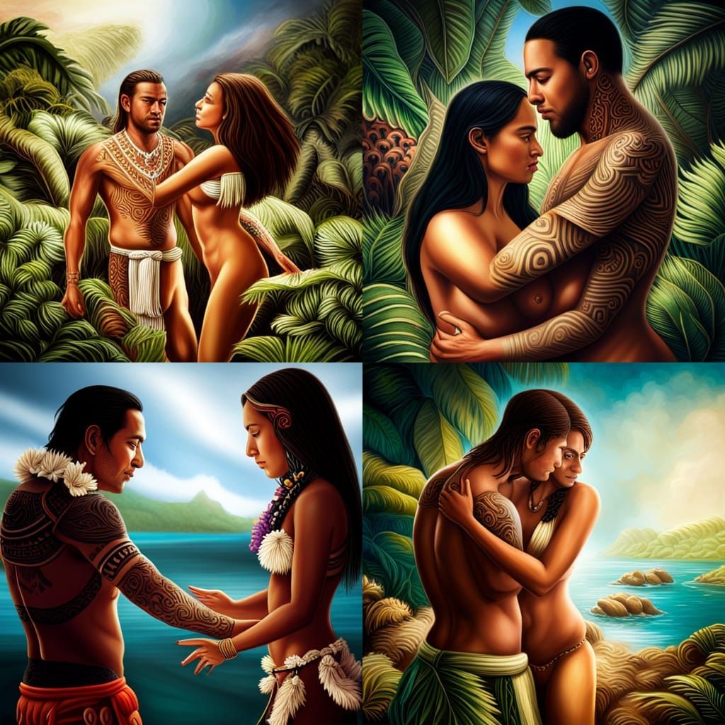 Sensual Polynesian Couple Embrace: Hyperrealistic Painting