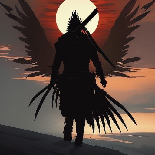 Winged Samurai Silhouetted by Setting Sun