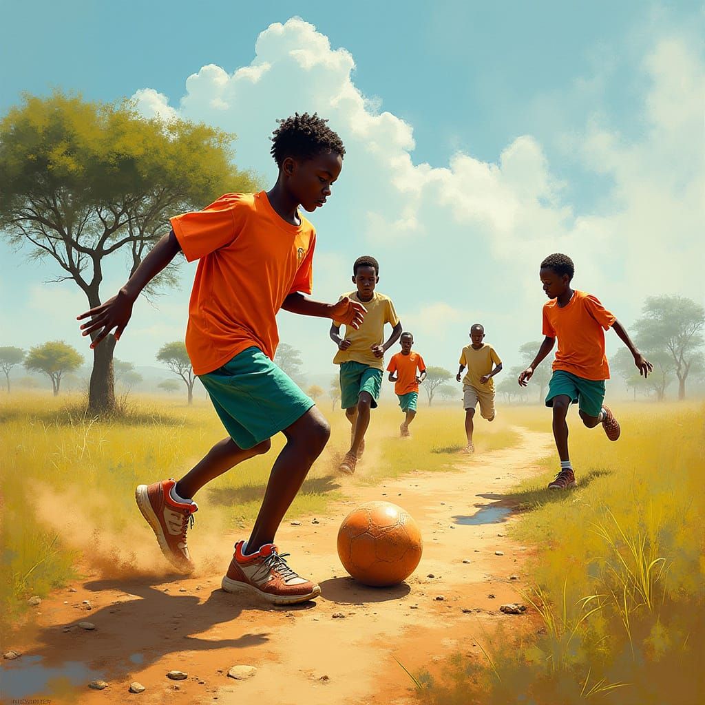 African Youth Kicks Football in Vibrant Savannah Landscape