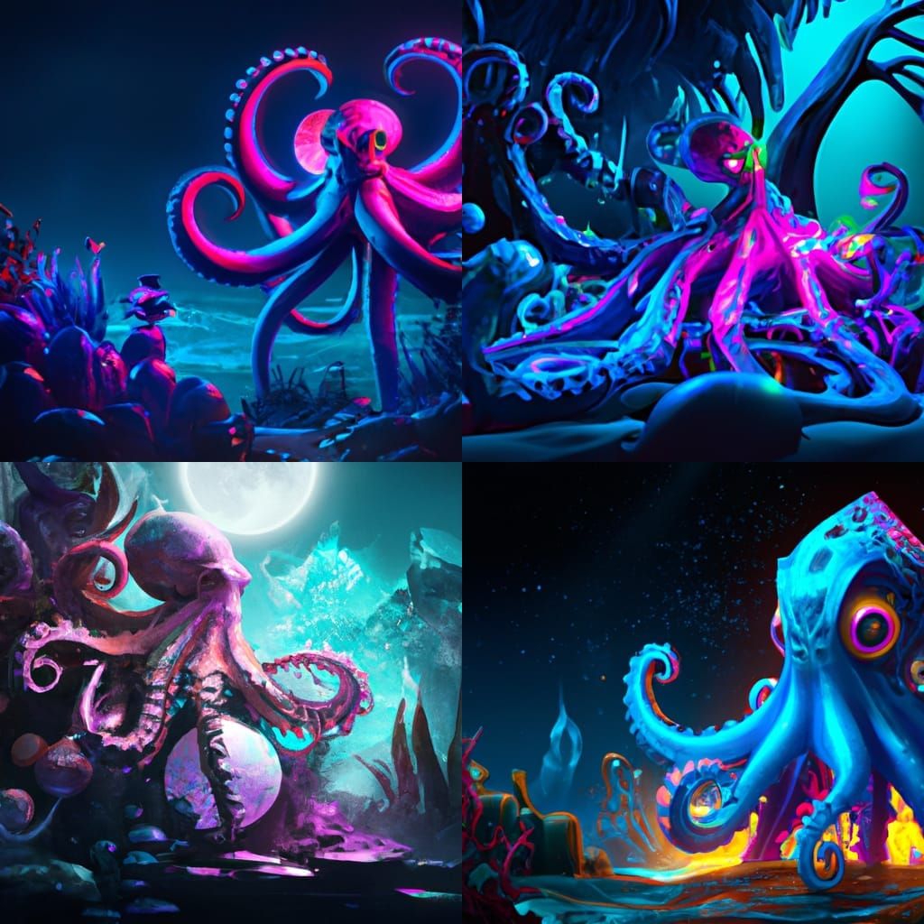 Neon Octopus on a Reef Under Moonlight