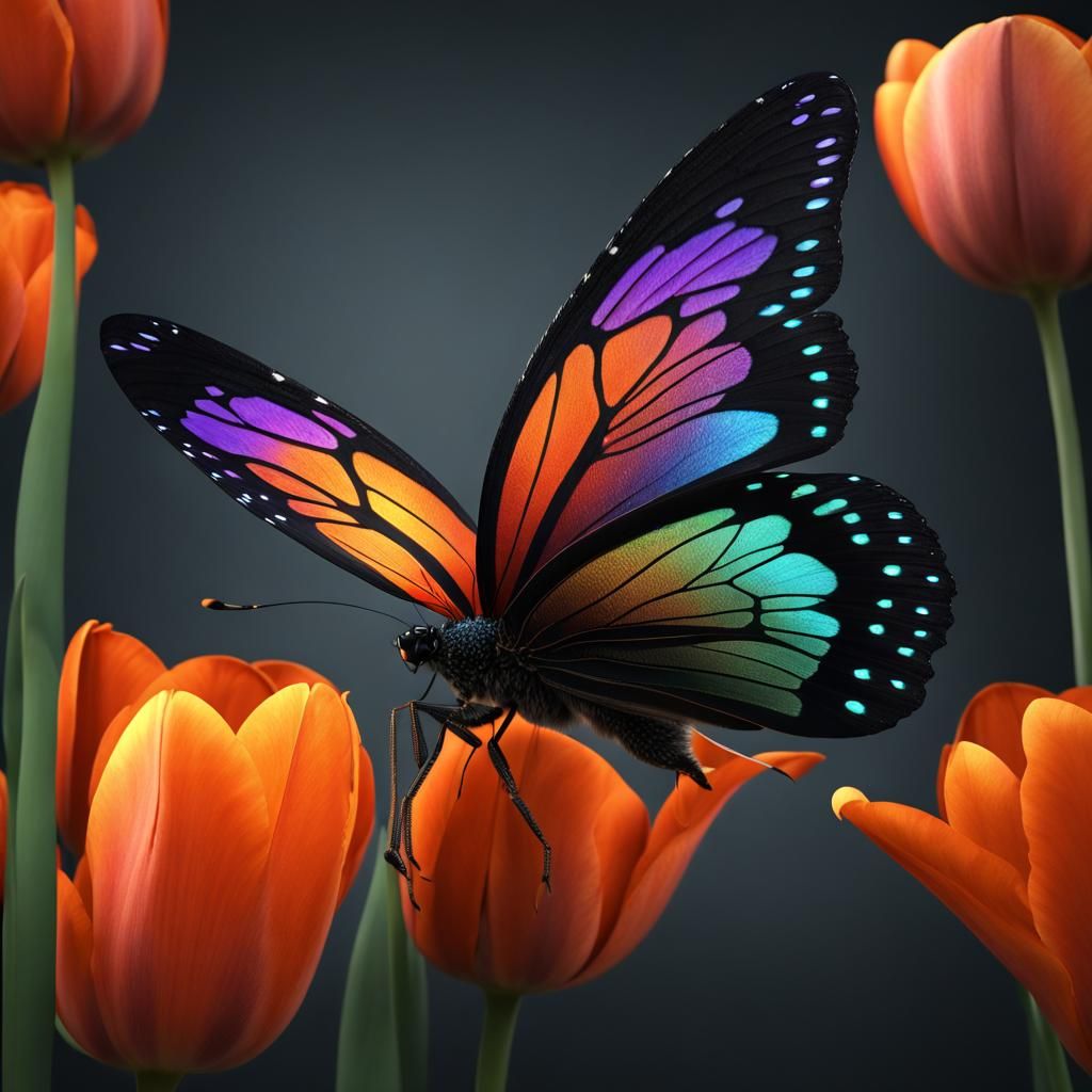 Metallic Butterfly on Orange Tulip: Detailed Matte Painting