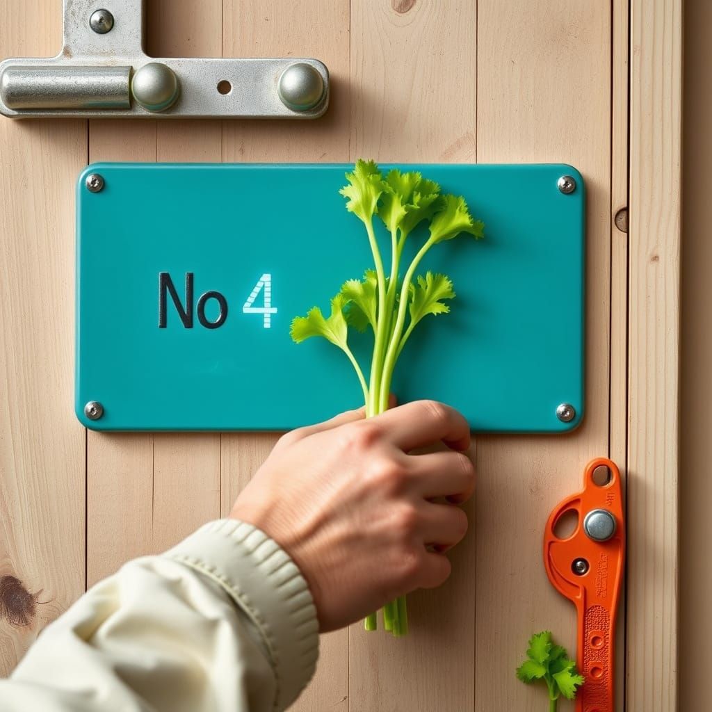 A handyman using celery to open a panel that reads "No 4"