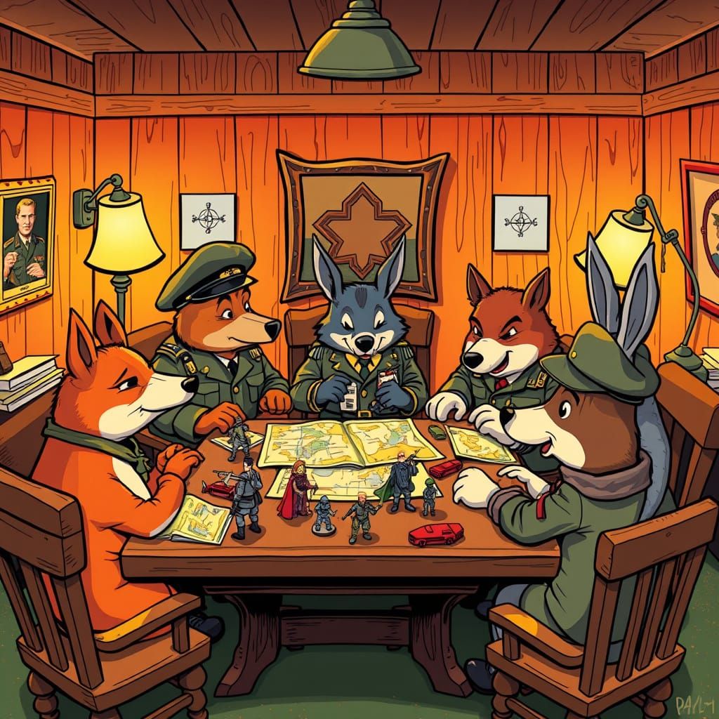 Cartoon Animals Plan Battle in Retro Comic Style