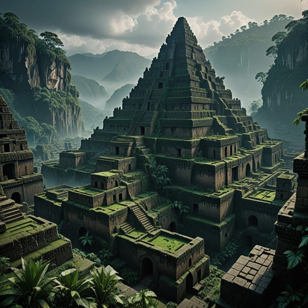 Submerged Inca City in Misty Jungle Digital Matte Painting