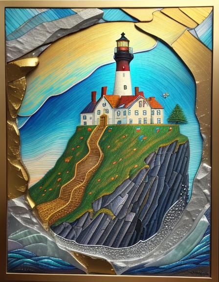 Lighthouse Mosaic in Klimt-Inspired Mixed Media
