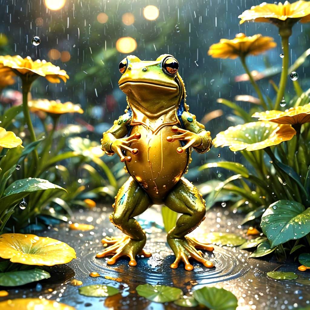 Golden Frog Dances in Rainy Fantasy Art