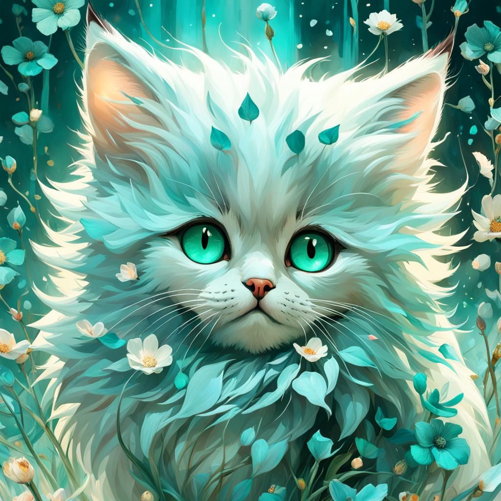 Cute Baby Cat with Flowers in Digital Art Style