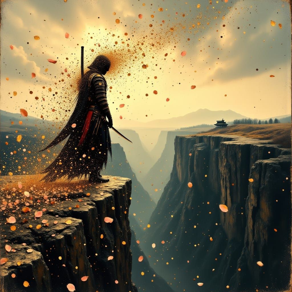 Samurai Dissolving into Wind with Sakura Petals