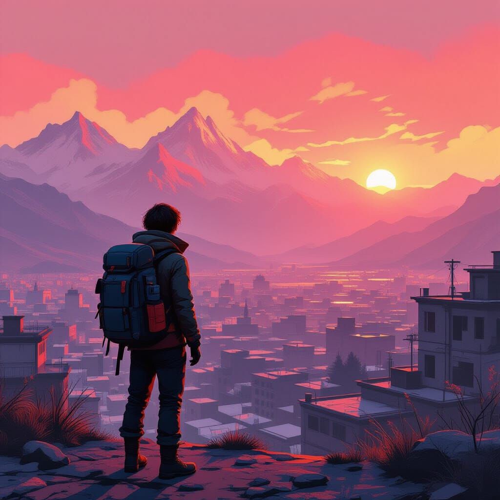 Crimson Light on the Edge of a Crumbling City