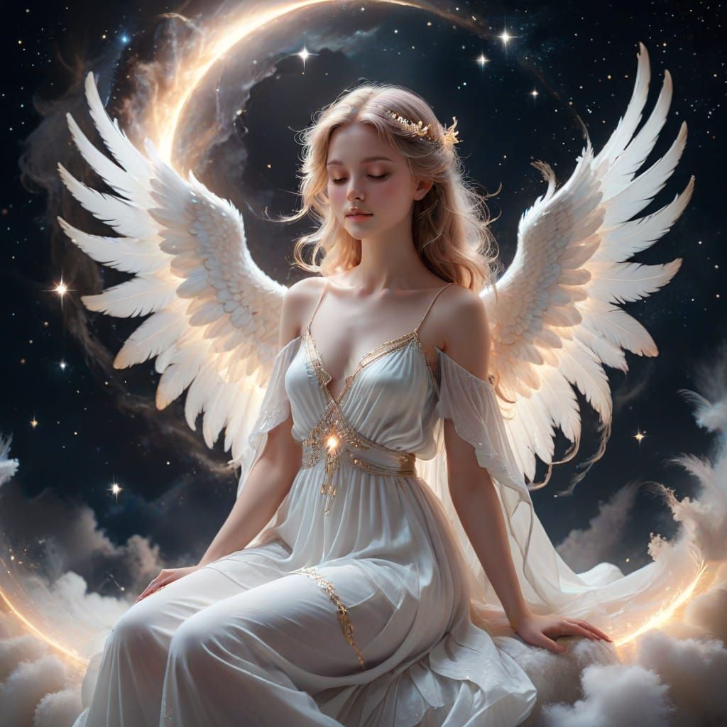 Angel on Crescent Moon in Dreamlike Fantasy Art