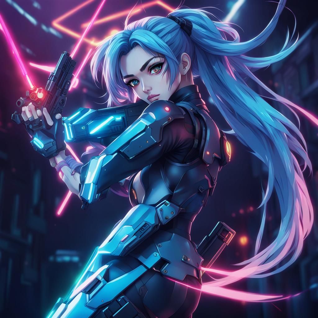 Anime Girl with Gun in Cyberpunk Style