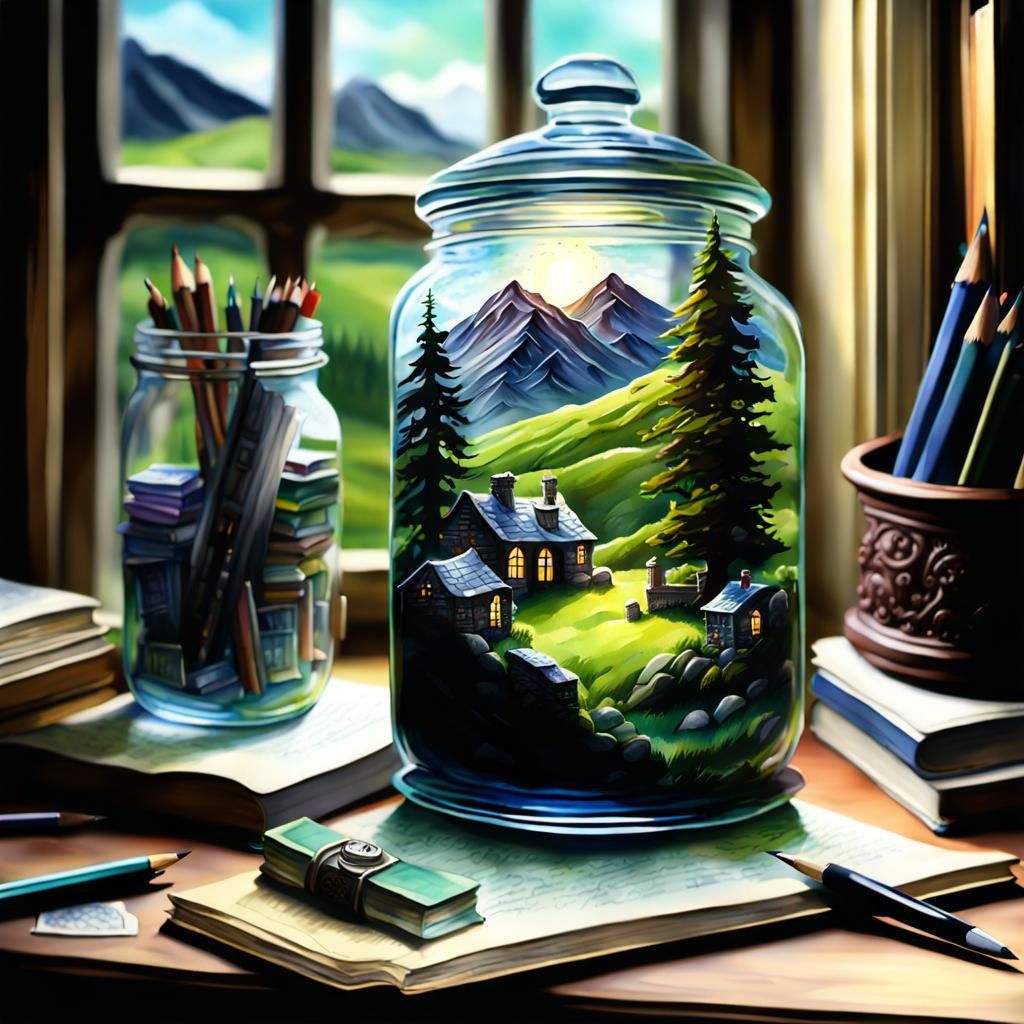 Scottish Highlands Landscape in Glass Jar, Watercolor Style