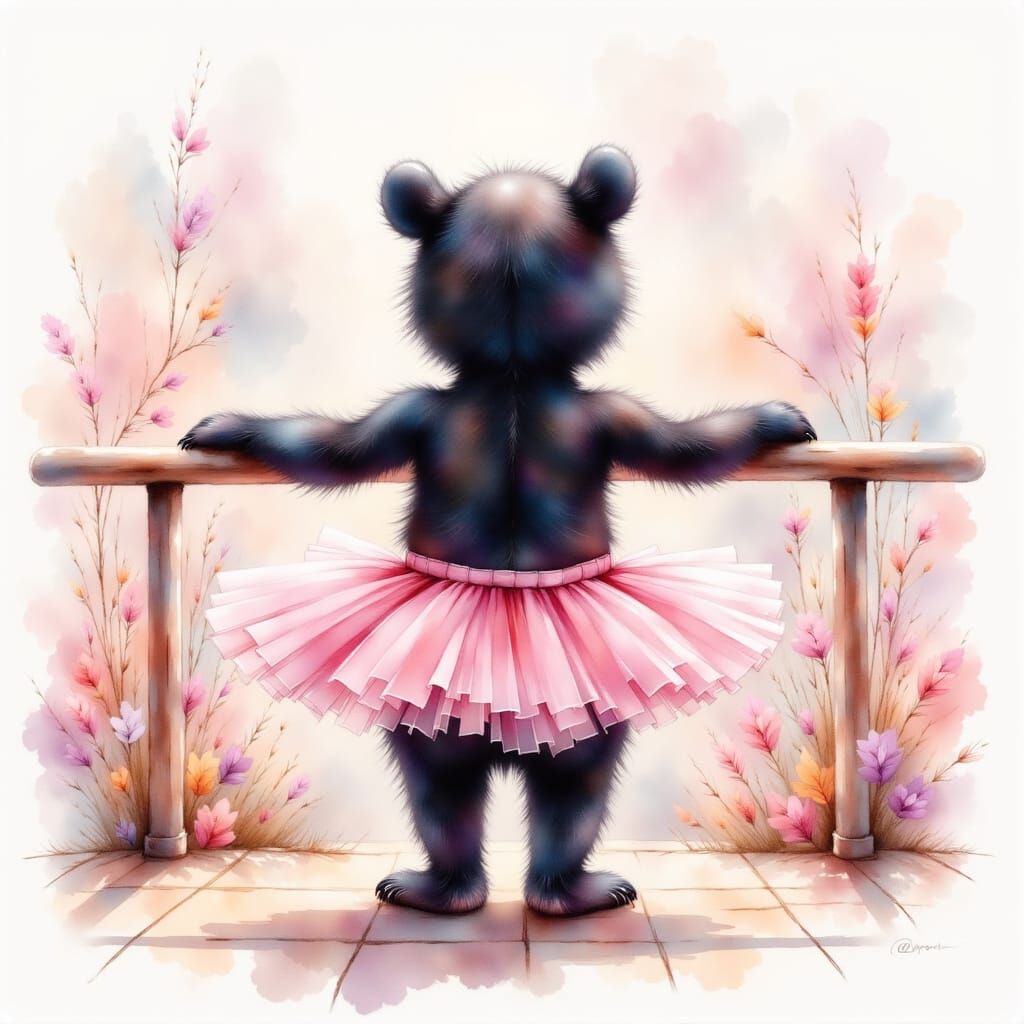 Black Bear Ballet Dancer in Pink Tutu, Watercolor Style