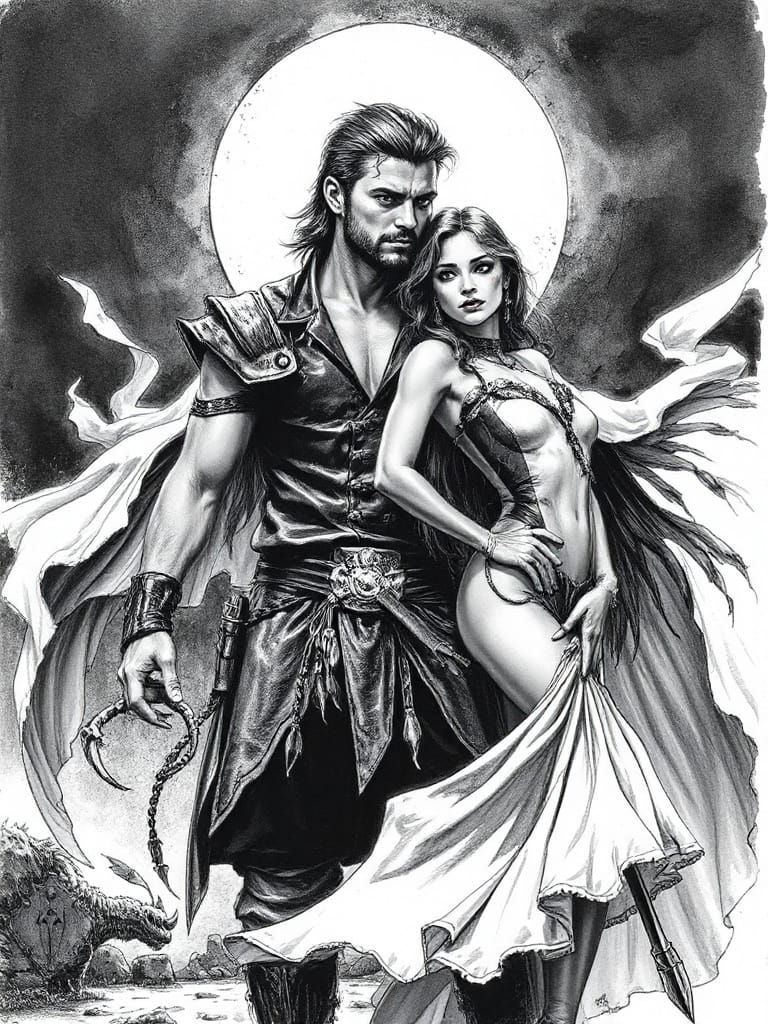 Mystical Warrior in Dark Fantasy Scene, in Pen and Ink Style