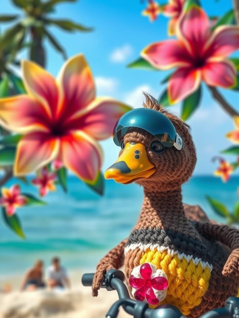 Beach Biker with Duck in Klimt Crochet Style
