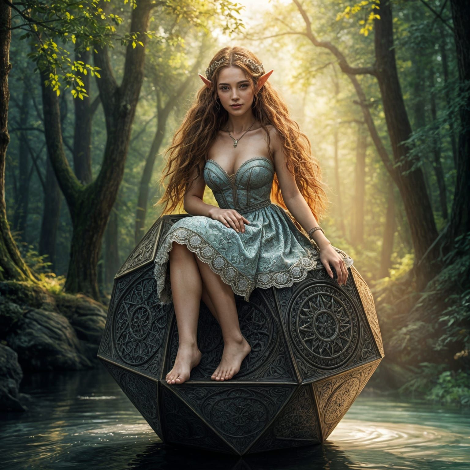 Hyperrealistic Elf Maiden on Engraved Bronze Dodecahedron