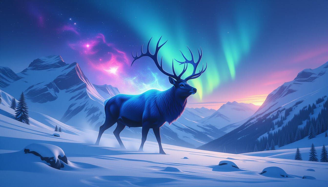 Cosmic Deer Wanders Snowy Alps in Ethereal Digital Painting