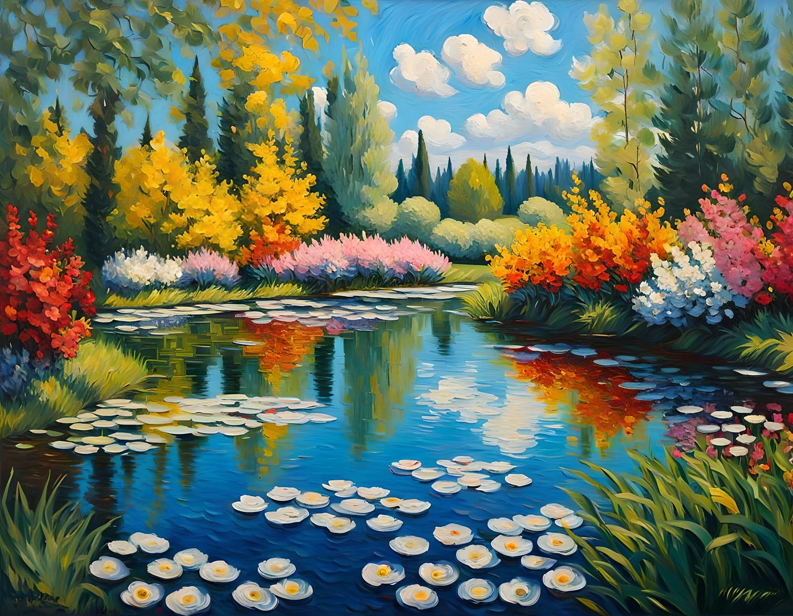 Vibrant Garden Pond as Impasto Oil Painting