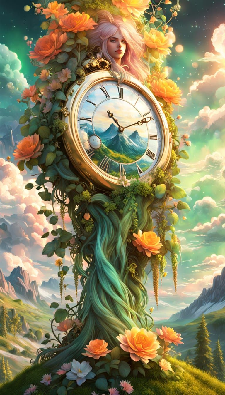 Clock-Faced Person on Floating Mountain in Anime Style