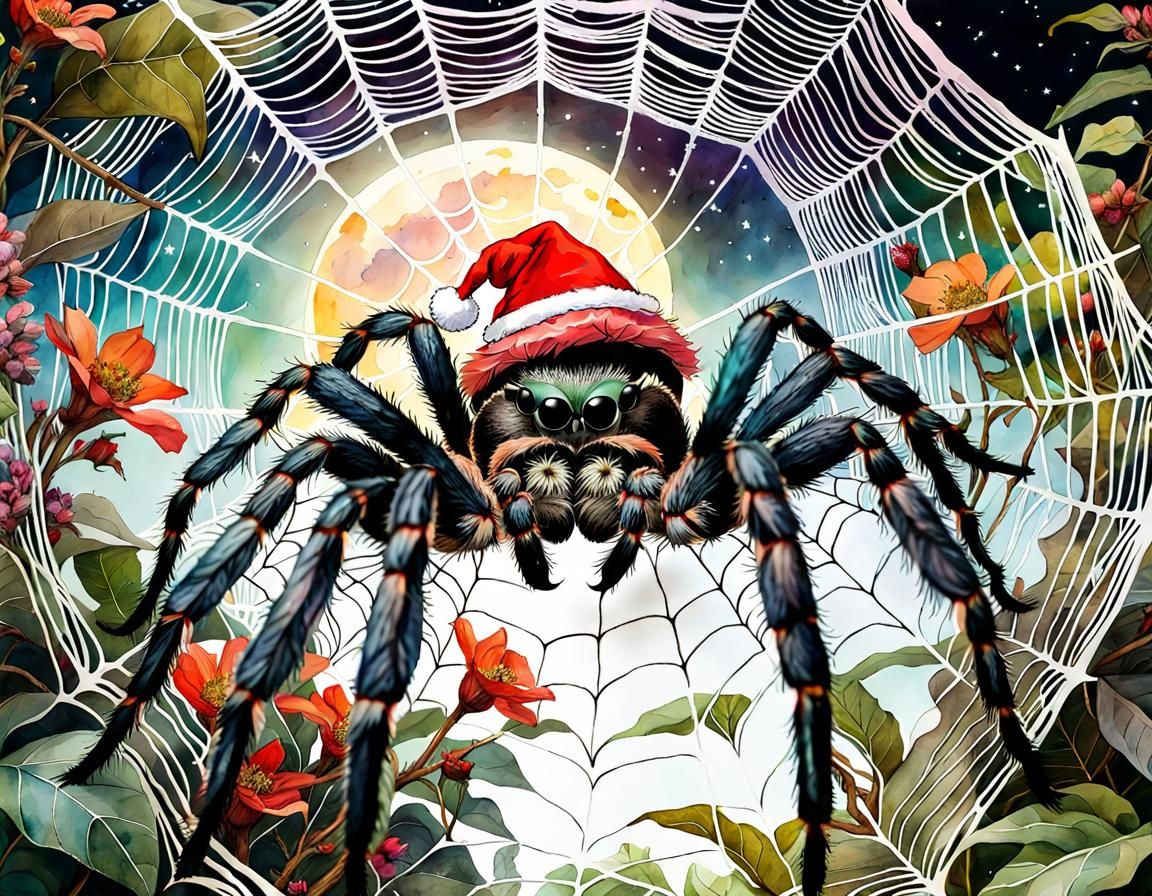 giant spider web with a huge tarantula wearing a santa hat