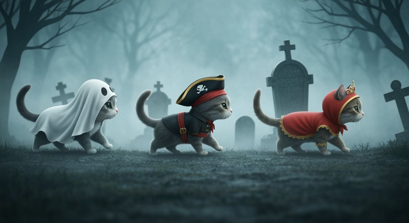 Cute Cats in Costumes in Spooky Graveyard
