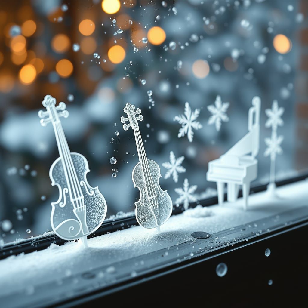 Musical Instrument Snowflakes on Windowsill, Photorealistic ...