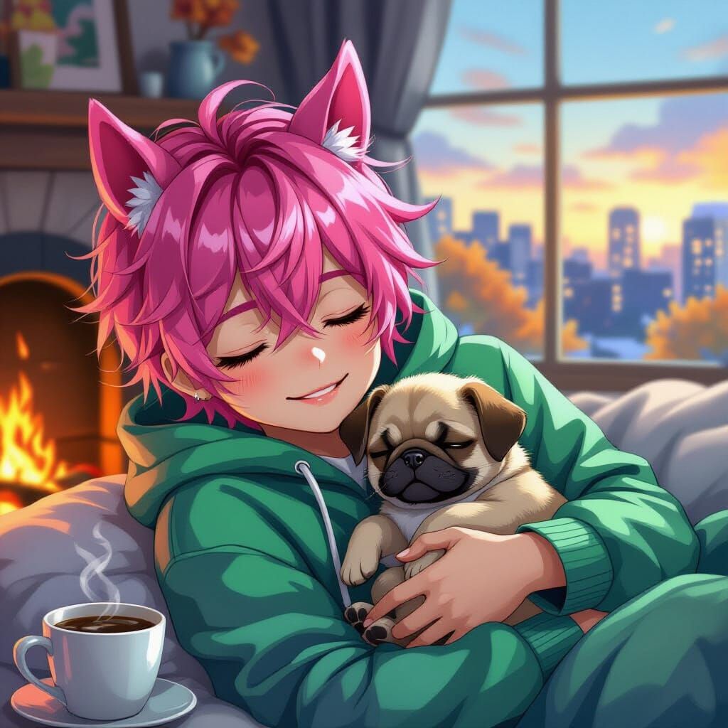 Anime Boy With Pink Hair & Horse Ears Sleeping With Pug