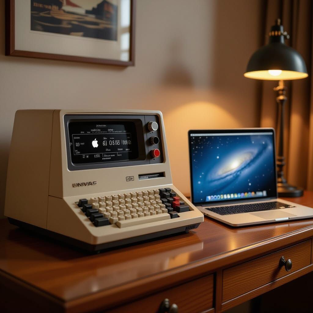 UNIVAC Computer Beside Modern Apple Laptop