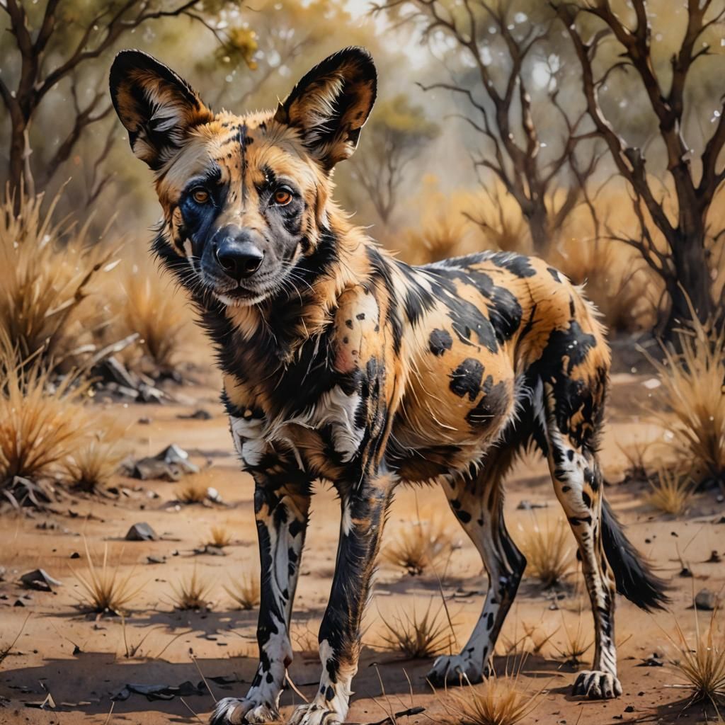 African Wild Dog Portrait in Watercolor Style