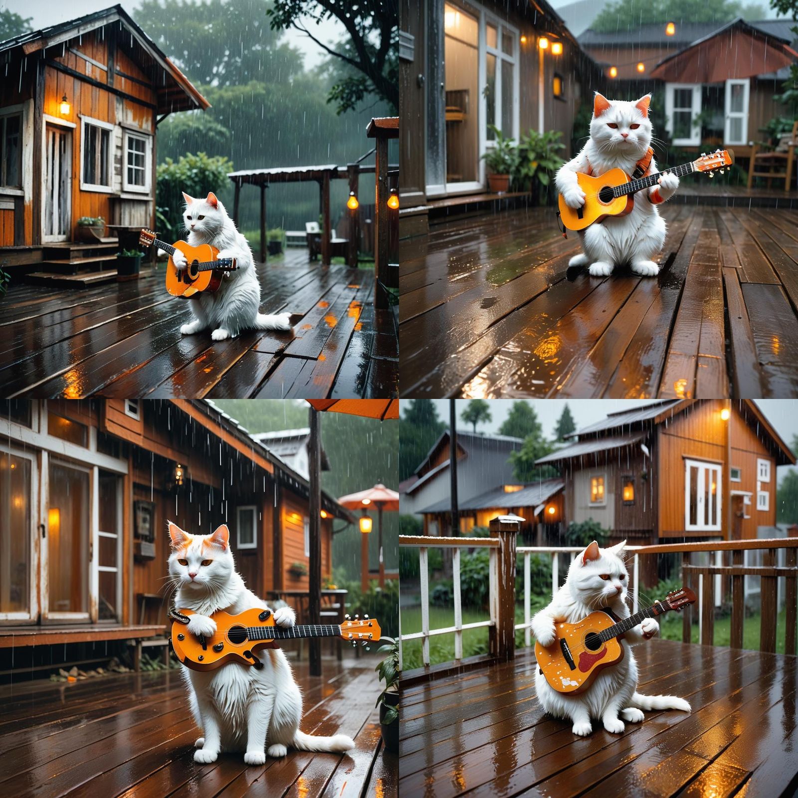 Sad Cat Plays Guitar in Rainy Cinematic Scene