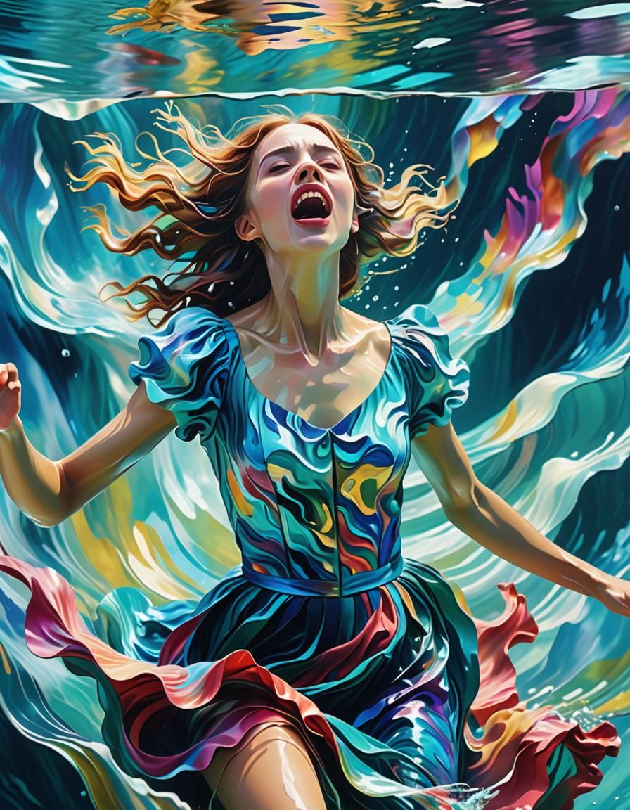 Screaming Figure Under Water in Neo-Impressionist Style