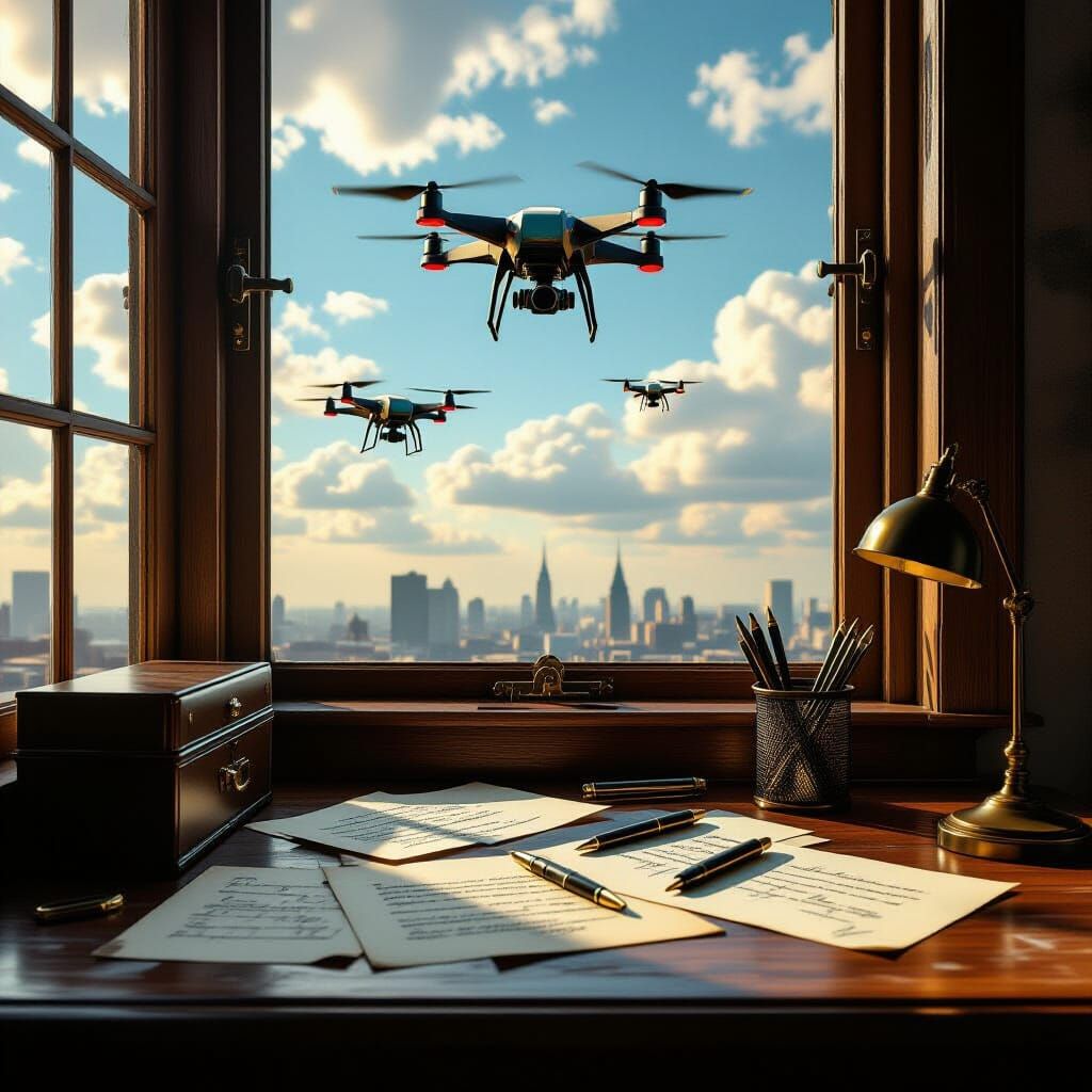 Vintage Desk Meets Futuristic Drones: A Surreal Past and Fut...
