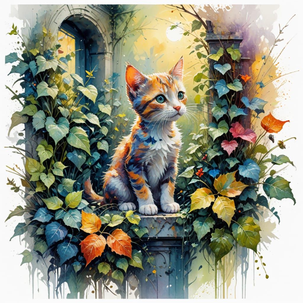Whimsical Kitten in a Moonlit City Oasis