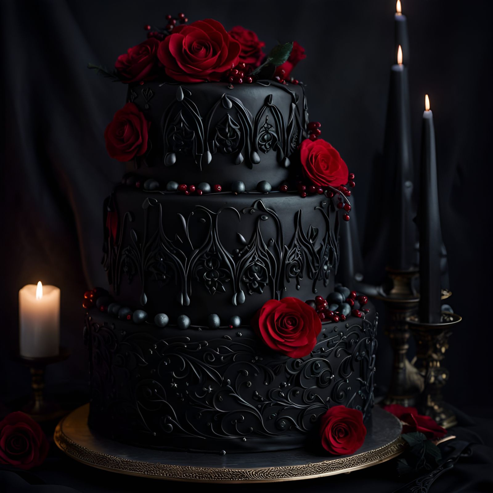 Eerie Gothic Black Cake with White Roses