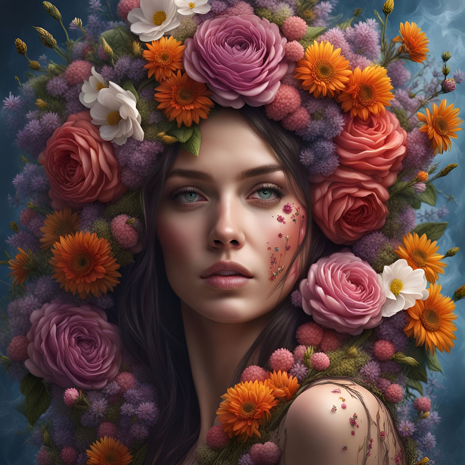 Floral Woman: Photorealistic Acrylic Painting
